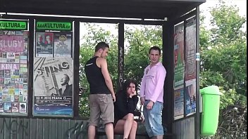 Nice dark-haired with big tits fuck in the middle of street in public romp threesome
