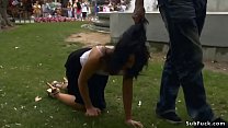 Hot dark haired Spanish biotch Pamela Sanchez made to crawl in public outdoor then dragged to crowded store where got mouth and fuckbox fucked by big dick